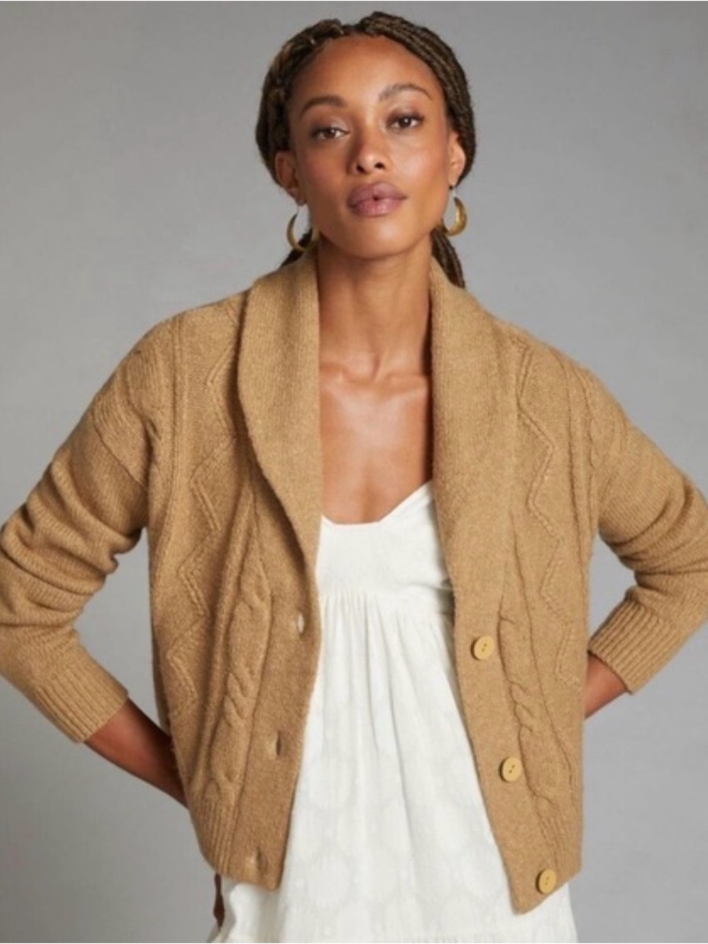 Anthropologie Pilcro Tan Cropped & Collared Cable-Knit Cardigan Sweater
